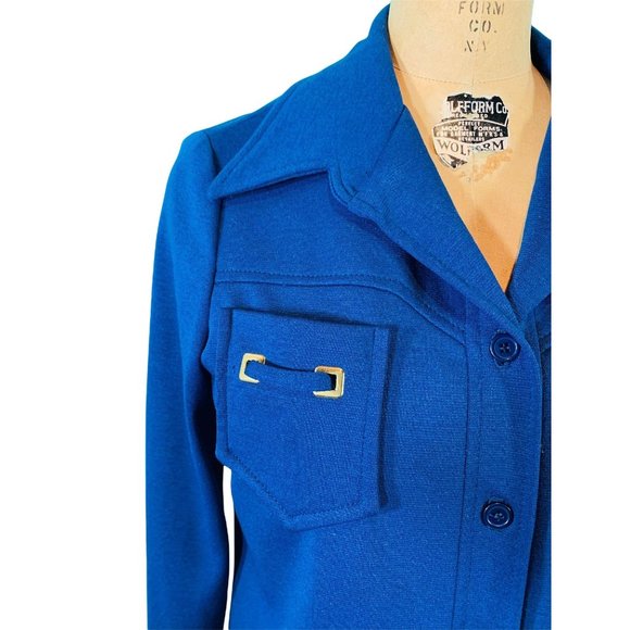 Vintage 70s Cobalt Blue Shirt Womens Large Bust Pockets Polyester Button Down To - Picture 6 of 10